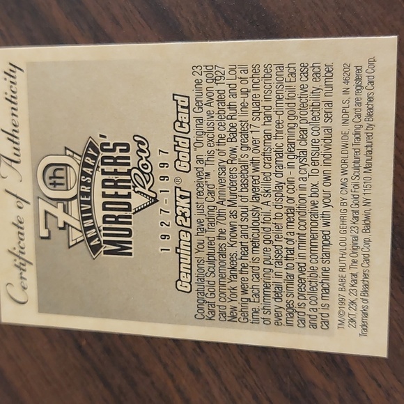 Authenticated 23 kt gold Collectible Ruth/Gherig Baseball Card - Picture 5 of 5